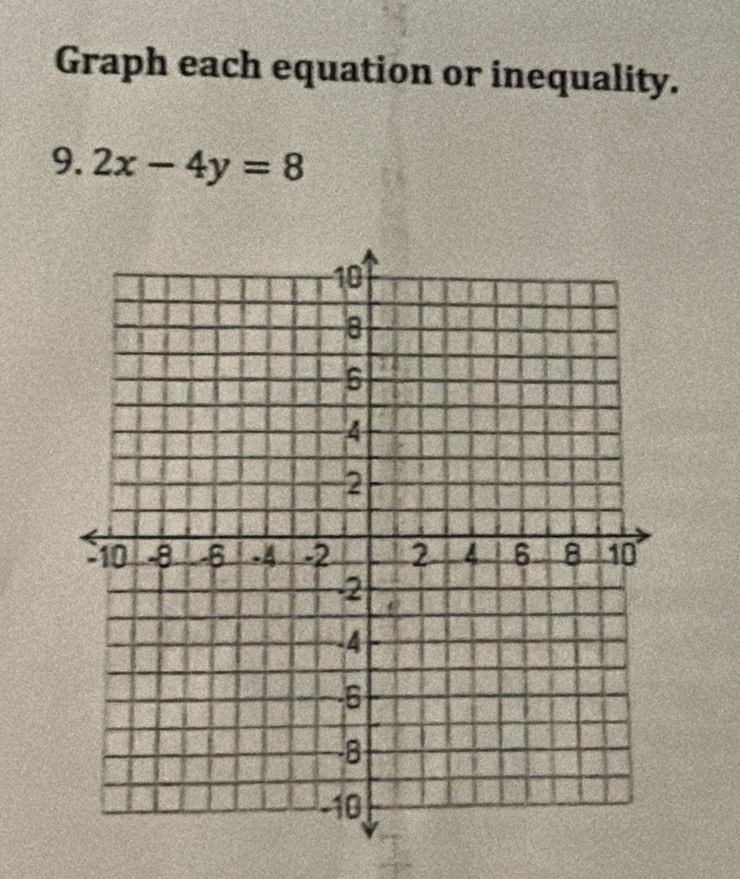 Graph each equation or inequality. 
9. 2x-4y=8