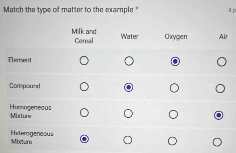 Match the type of matter to the example * 4 p