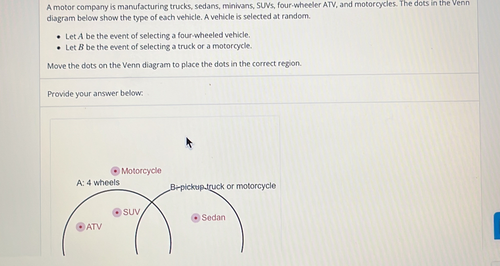 A motor company is manufacturing trucks, sedans, minivans, SUVs, four-wheeler ATV, and motorcycles. The dots in the Venn 
diagram below show the type of each vehicle. A vehicle is selected at random. 
Let A be the event of selecting a four-wheeled vehicle. 
Let B be the event of selecting a truck or a motorcycle. 
Move the dots on the Venn diagram to place the dots in the correct region. 
Provide your answer below: 
Motorcycle 
A: 4 wheels