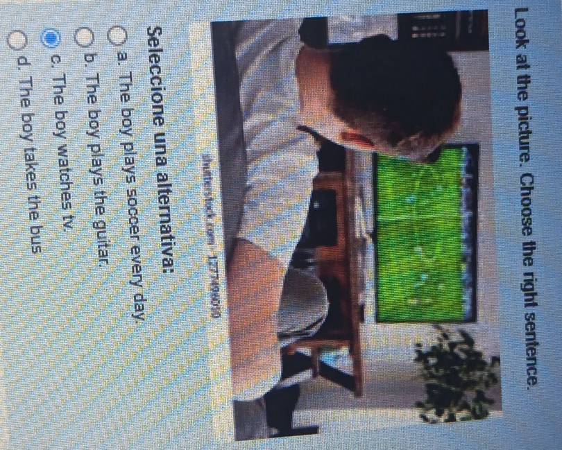 Look at the picture. Choose the right sentence.
Seleccione una alternativa:
a. The boy plays soccer every day.
b. The boy plays the guitar.
c. The boy watches tv.
d. The boy takes the bus