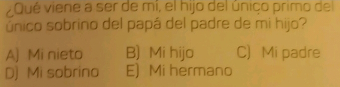 ¿Qué viene a ser de mí, el hijo del úniço primo del
único sobrino del papá del padre de mi hijo?
A) Mi nieto B) Mi hijo C) Mi padre
D) Mi sobrino E) Mi hermano