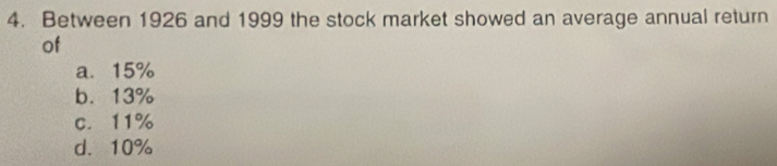 Between 1926 and 1999 the stock market showed an average annual return
of
a. 15%
b. 13%
c. 11%
d. 10%