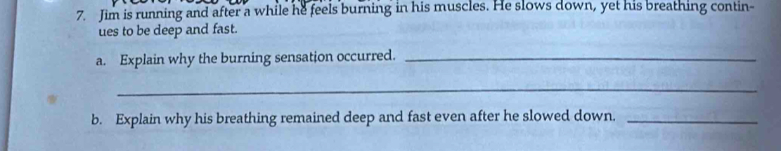 Jim is running and after a while he feels burning in his muscles. He slows down, yet his breathing contin- 
ues to be deep and fast. 
a. Explain why the burning sensation occurred._ 
_ 
b. Explain why his breathing remained deep and fast even after he slowed down._