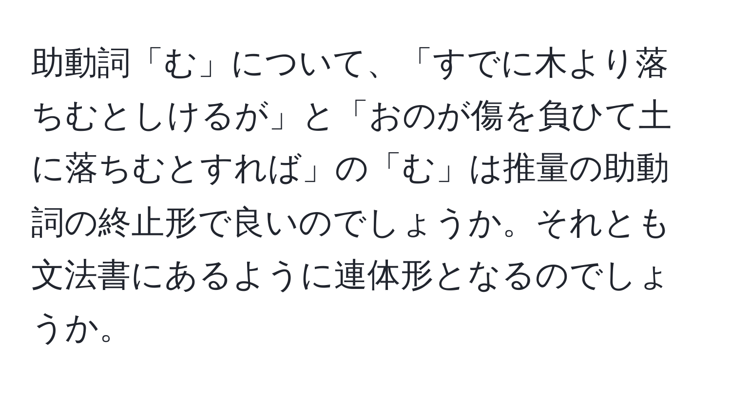 助動詞「む」について、「すでに木より落ちむとしけるが」と「おのが傷を負ひて土に落ちむとすれば」の「む」は推量の助動詞の終止形で良いのでしょうか。それとも文法書にあるように連体形となるのでしょうか。