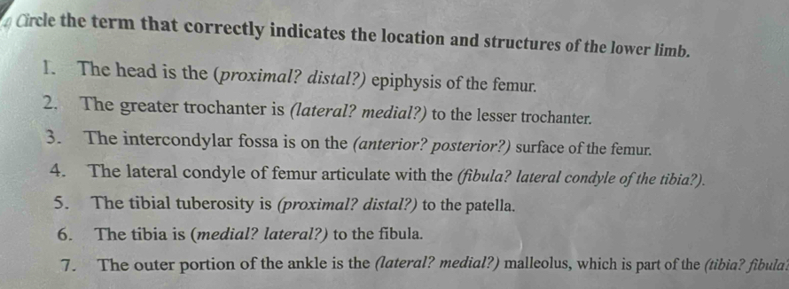 Crcle the term that correctly indicates the location and structures of the lower limb. 
1. The head is the (proximal? distal?) epiphysis of the femur. 
2. The greater trochanter is (lateral? medial?) to the lesser trochanter. 
3. The intercondylar fossa is on the (anterior? posterior?) surface of the femur. 
4. The lateral condyle of femur articulate with the (fìbula? lateral condyle of the tibia?). 
5. The tibial tuberosity is (proximal? distal?) to the patella. 
6. The tibia is (medial? lateral?) to the fibula. 
7. The outer portion of the ankle is the (lateral? medial?) malleolus, which is part of the (tibia? fibula?