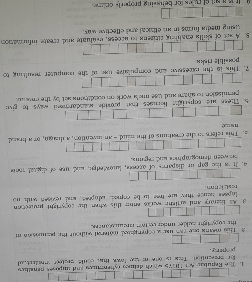 The Republic Act 10175 which defines cybercrimes and imposes penalties 
for prevention. This is one of the laws that could protect intellectual 
property. 
2. This means one can use a copyrighted material without the permission of 
the copyright holder under certain circumstances. 
3. All literary and artistic works enter this when the copyright protection 
lapses hence they are free to be copied, adapted, and revised with no 
restriction. 
4. It is the gap or disparity of access,nowledge, and use of digital tools 
between demographics and regions. 
5. This refers to the creations of the mind - an invention, a design, or a brand 
name. 
6. These are copyright licenses that provide standardized ways to give 
permission to share and use one’s work on conditions set by the creator. 
7. This is the excessive and compulsive use of the computer resulting to 
possible risks. 
8. A set of skills enabling citizens to access, evaluate and create information 
using media forms in an ethical and effective way. 
9 It is a set of rules for behaving properly online.