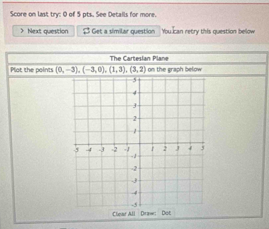 Score on last try: 0 of 5 pts. See Details for more. 
Next question Get a similar question You can retry this question below 
The Cartesian Plane 
Plot the points (0,-3), (-3,0),(1,3),(3,2) on the graph below 
Clear All Draw: Dot