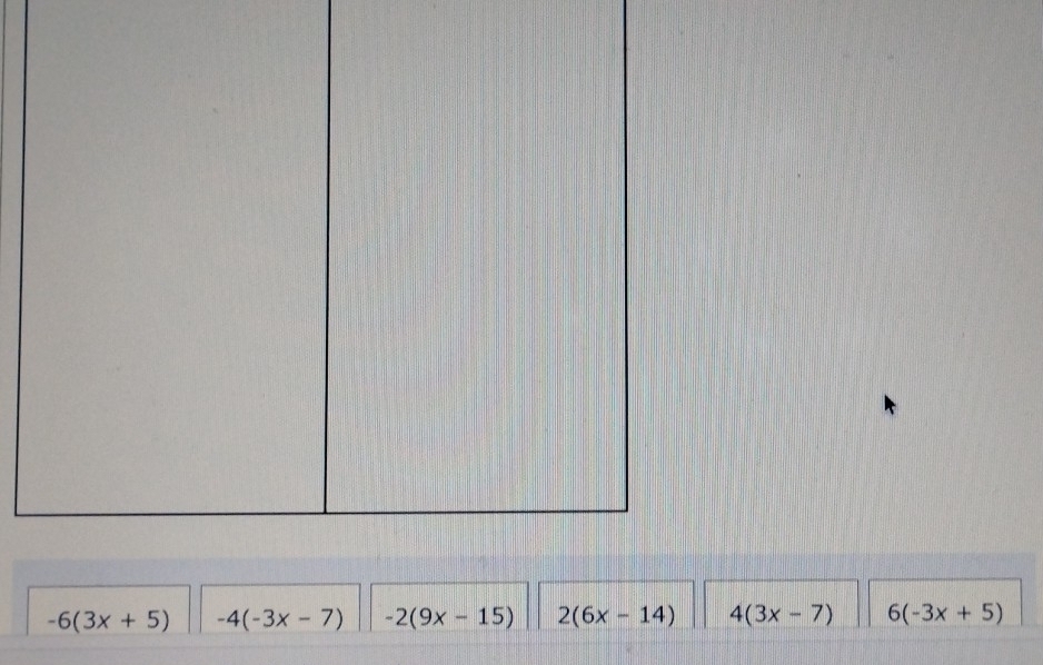 -6(3x+5) -4(-3x-7) -2(9x-15) 2(6x-14) 4(3x-7) 6(-3x+5)