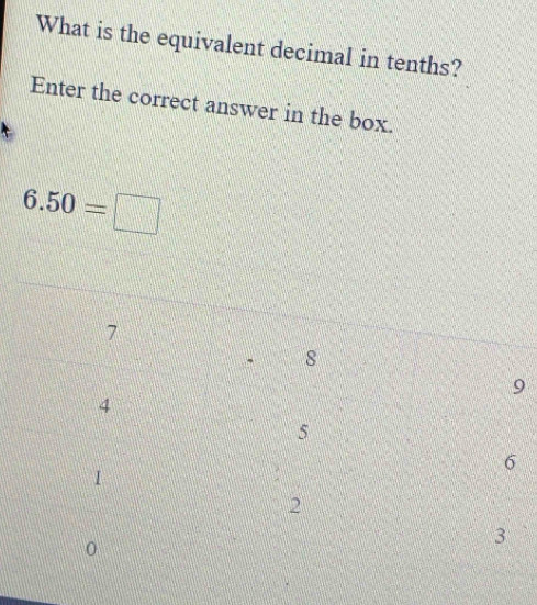 What is the equivalent decimal in tenths? 
Enter the correct answer in the box.
6.50=□
9