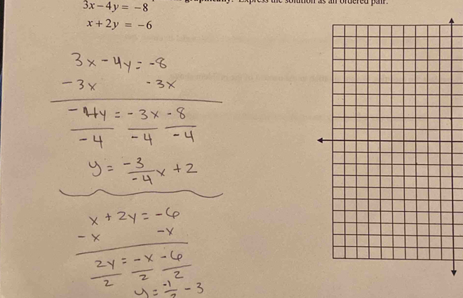 3x-4y=-8
sttion as an ordered pair .
x+2y=-6