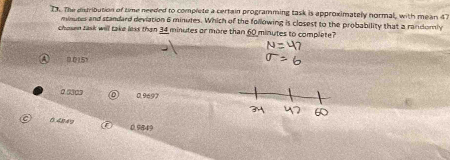 The distribution of time needed to complete a certain programming task is approximately normal, with mean 47
minutes and standard deviation 6 minutes. Which of the following is closest to the probability that a randomly
chosen task will take less than 34 minutes or more than 60 minutes to complete?
0.0151
0.0303 o 0,9697
0.4849 a 0,9849