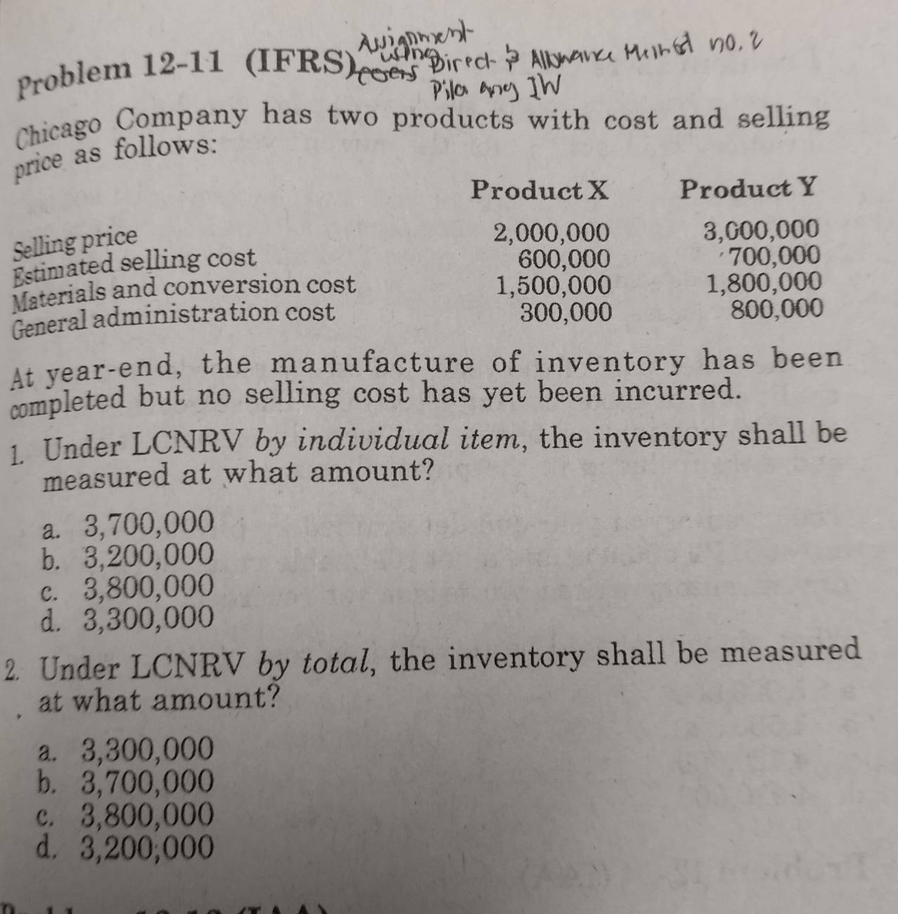 Problem 12-11 (IFRS)
Chicago Company has two products with cost and selling
price as follows:
Product X Product Y
Selling price
2,000,000 3,000,000
Estimated selling cost 600,000
700,000
Materials and conversion cost 1,500,000 1,800,000
General administration cost 300,000 800,000
At year -end, the manufacture of inventory has been
completed but no selling cost has yet been incurred.
1. Under LCNRV by individual item, the inventory shall be
measured at what amount?
a. 3,700,000
b. 3,200,000
c. 3,800,000
d. 3,300,000
2. Under LCNRV by total, the inventory shall be measured
at what amount?
a. 3,300,000
b. 3,700,000
c. 3,800,000
d. 3,200,000