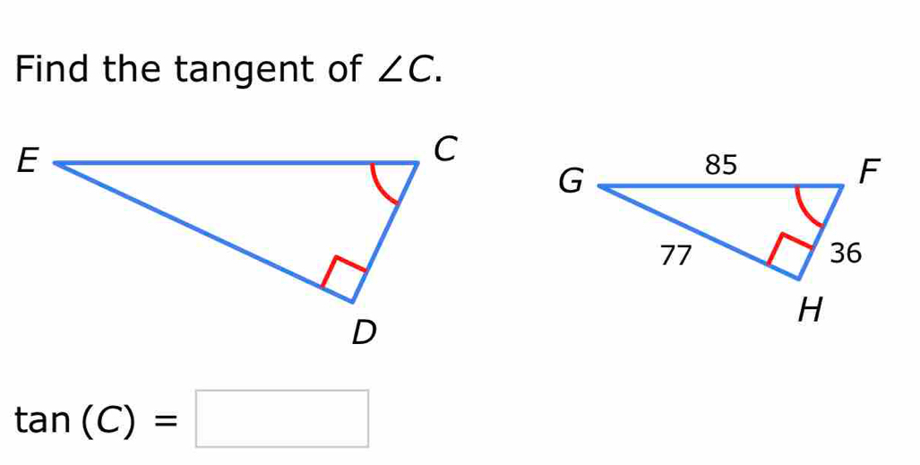 Find the tangent of ∠ C.
tan (C)=□