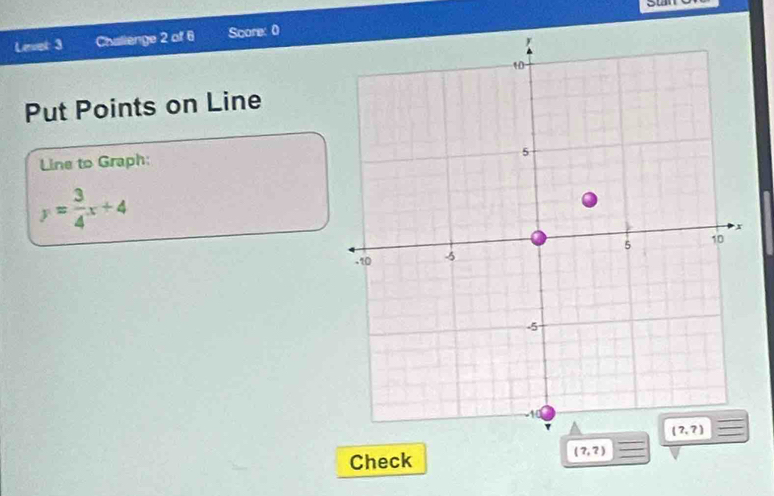 Livel: 3 Challenge 2 of 6 Score: 0
Put Points on Line
Line to Graph:
y= 3/4 x+4
(?,?) 2
Check