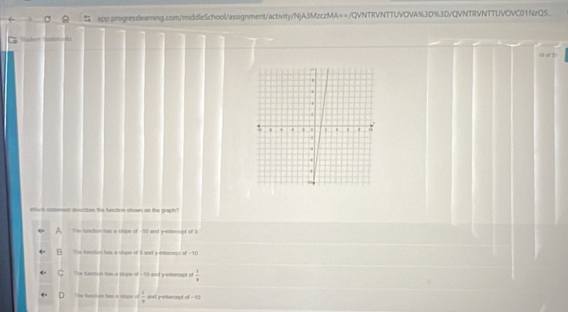 Student
t8 or 30
Wiftirh eret describes the function sbown on the graph?
a The function has a slope of -10 and y -intercupt of 9
The fancton has a slape of 9 and y-intercept of -10
The function tas a sope of -10 and y-intercept of  1/9 
The function tas a stope of  1/9  and y-intercept of - -10