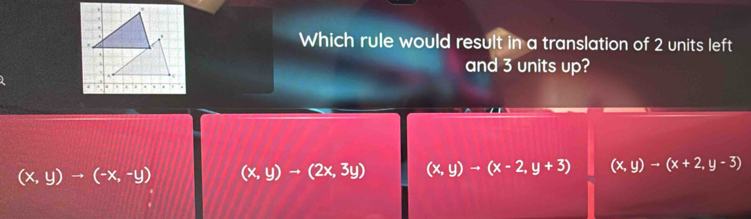 Which rule would result in a translation of 2 units left
and 3 units up?
(x,y)to (-x,-y)
(x,y)to (2x,3y) (x,y)to (x-2,y+3) (x,y)to (x+2,y-3)