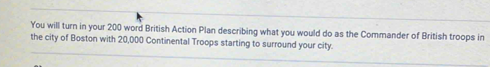 You will turn in your 200 word British Action Plan describing what you would do as the Commander of British troops in 
the city of Boston with 20,000 Continental Troops starting to surround your city.