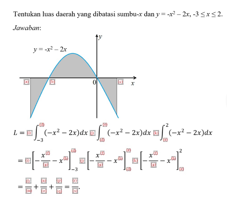 Tentukan luas daerah yang dibatasi sumbu-x dan y=-x^2-2x,-3≤ x≤ 2.
Jawaban:
L=limlimits _(-3)^([ enclosecircle)1∈t _(-3)^([ enclosecircle)1^[ enclosecircle2(-x^2-2x)dxprodlimits _[i(-x^c-2x)dx
=limlimits [-frac x^([overline □)](limlimits _-3)^[-x^(□)]_(-3)^([overline □)][-frac x^(□) 1/555 -x^(□)]_[overline □ ]^59[-frac x^(□)frac 155.frac x^(□)]_[overline □ ^2-x^(□)]_[overline □ ]_[overline □ ]^2
= □ /□  + □ /□  + □ /□  + □ /□  = □ /□  