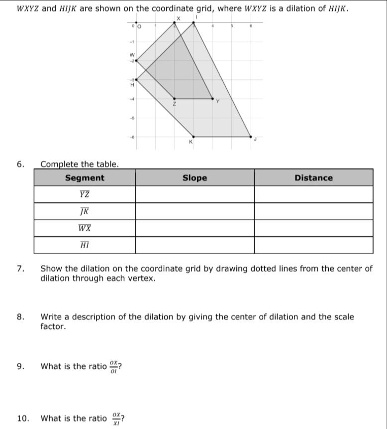 WXYZ and HIJK are shown on the coordinate grid, where WXYZ is a dilation of HIJK.
7. Show the dilation on the coordinate grid by drawing dotted lines from the center of
dilation through each vertex.
8. Write a description of the dilation by giving the center of dilation and the scale
factor.
9. What is the ratio  OX/OI  7
10. What is the ratio  OX/XI 