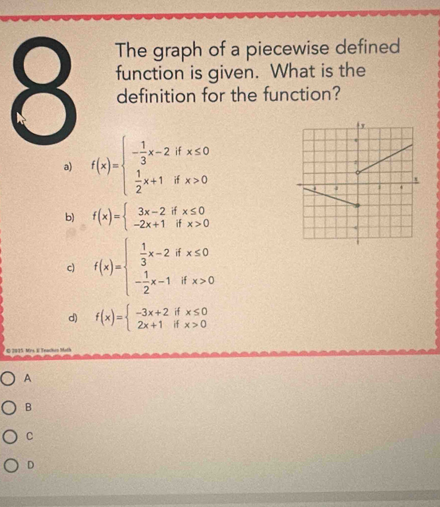 The graph of a piecewise defined
function is given. What is the
definition for the function?
a) f(x)=beginarrayl - 1/3 x-2ifx≤ 0  1/2 x+1ifx>0endarray.
b) f(x)=beginarrayl 3x-2ifx≤ 0 -2x+1ifx>0endarray.
c) f(x)=beginarrayl  1/3 x-2ifx≤ 0 - 1/2 x-1ifx>0endarray.
d) f(x)=beginarrayl -3x+2ifx≤ 0 2x+1ifx>0endarray.
1 2015. Mrs. 1l Teaches Math
A
B
C
D