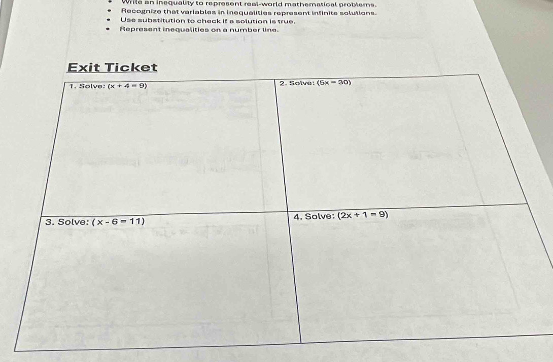 Write an inequality to represent real-world mathematical problems.
Recognize that variables in inequalities represent infinite solutions.
Use substitution to check if a solution is true.
Represent inequalities on a number line.