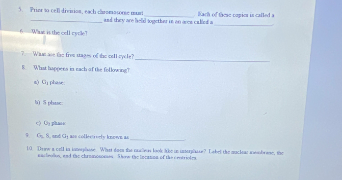 Prior to cell division, each chromosome must _. Each of these copies is called a 
_and they are held together in an area called a 
_ 
6. What is the cell cycle? 
_ 
7.—What are the five stages of the cell cycle? 
8. What happens in each of the following? 
a) G_1 phase: 
b) S phase: 
c) G_2 phase: 
_ 
9. G_1, S , and G_2 are collectively known as 
10. Draw a cell in interphase. What does the nucleus look like in interphase? Label the nuclear membrane, the 
nucleolus, and the chromosomes. Show the location of the centrioles.