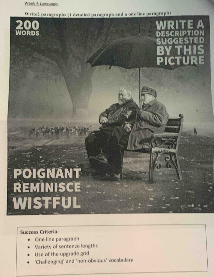 Week 4 Language:
D
S
Success Criteria:
One line paragraph
Variety of sentence lengths
Use of the upgrade grid
‘Challenging’ and ‘non-obvious’ vocabulary