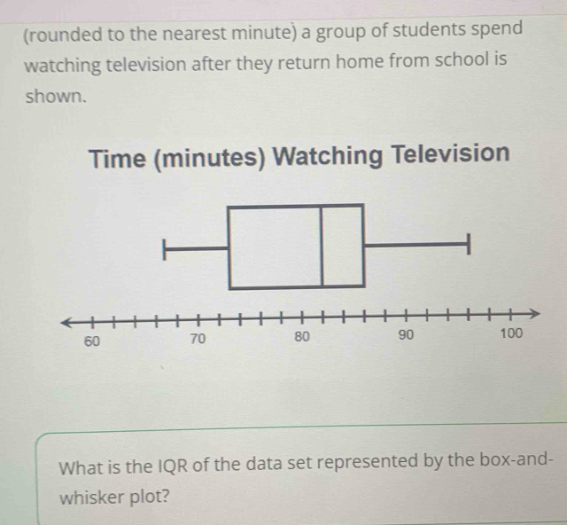 (rounded to the nearest minute) a group of students spend 
watching television after they return home from school is 
shown. 
me (minutes) Watching Television 
What is the IQR of the data set represented by the box-and- 
whisker plot?