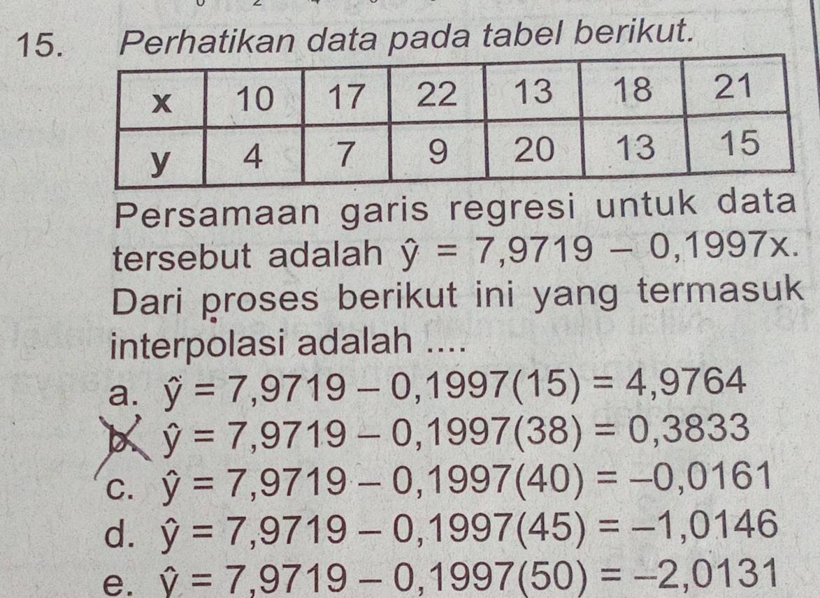 Perhatikan data pada tabel berikut.
Persamaan garis regresi untuk data
tersebut adalah hat y=7,9719-0,1997x. 
Dari proses berikut ini yang termasuk
interpolasi adalah ....
a. hat y=7,9719-0,1997(15)=4,9764
hat y=7,9719-0,1997(38)=0,3833
C. hat y=7,9719-0,1997(40)=-0,0161
d. hat y=7,9719-0,1997(45)=-1,0146
e. hat y=7,9719-0,1997(50)=-2,0131