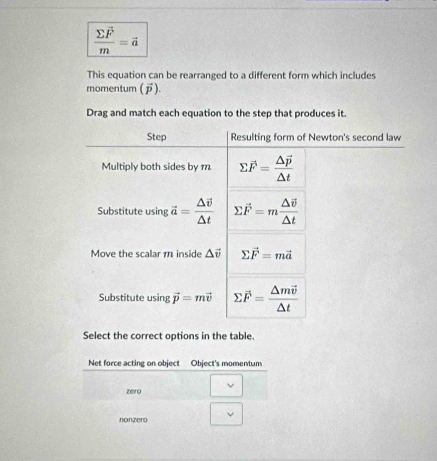 frac sumlimits vector Fm=vector a
This equation can be rearranged to a different form which includes
momentum (vector p).
Drag and match each equation to the step that produces it.
Step Resulting form of Newton's second law
Multiply both sides by m sumlimits vector F=frac △ vector p△ t
Substitute using vector a=frac △ vector v△ t sumlimits vector F=mfrac △ vector v△ t
Move the scalar m inside △ vector v sumlimits vector F=mvector a
Substitute using vector p=mvector v sumlimits vector F=frac △ mvector v△ t
Select the correct options in the table.