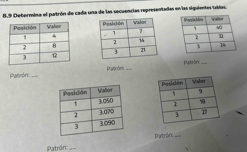 8.9 Determina el patrón de cada una de las secuencias representadas en las siguientes tablas. 



Patrón: _Patrón:_ 
Patrón:_ 


Patrón:_ 
Patrón:_