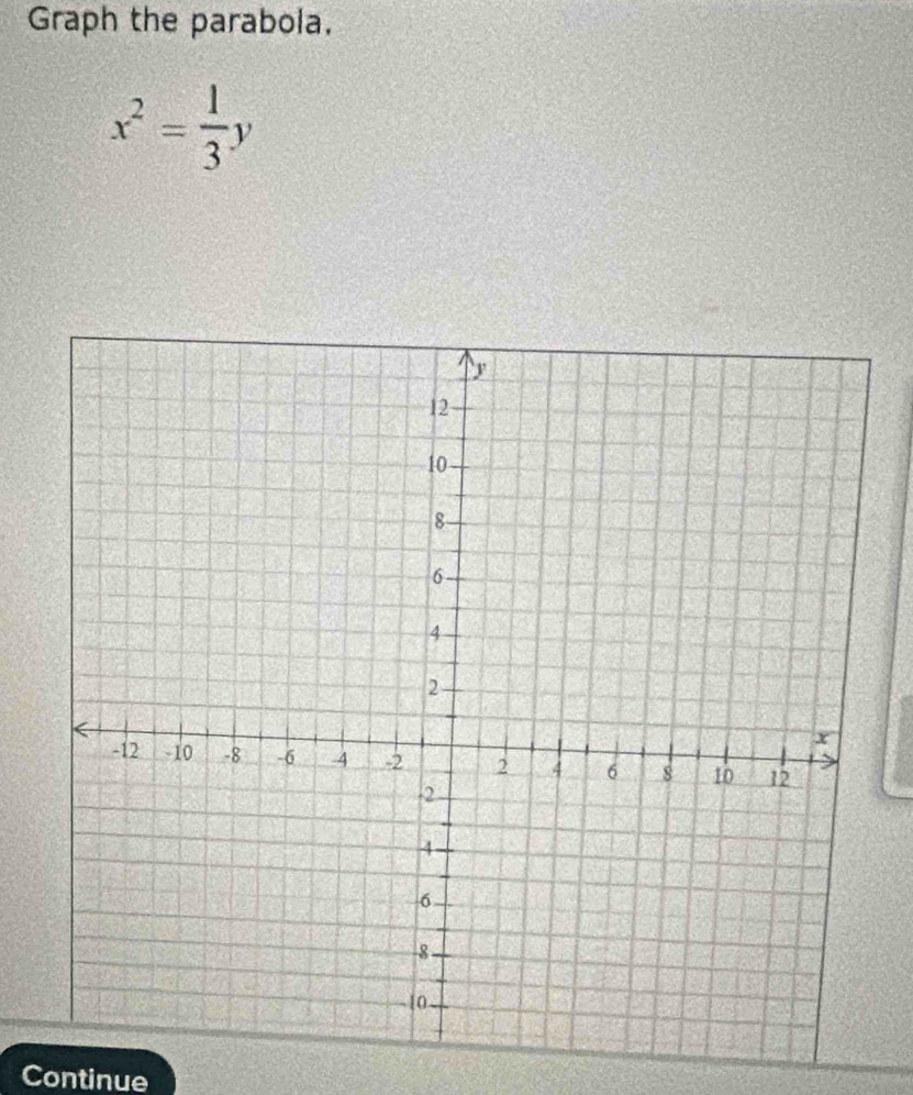 Graph the parabola.
x^2= 1/3 y
Continue