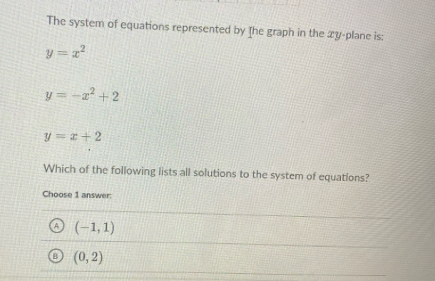 The system of equations represented by ]he graph in the xy -plane is:
y=x^2
y=-x^2+2
y=x+2
Which of the following lists all solutions to the system of equations?
Choose 1 answer:
A (-1,1)
B (0,2)