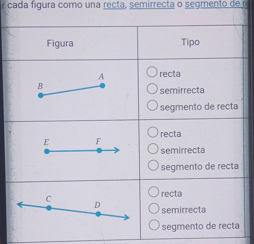 cada figura como una recta, semirrecta o segmento de re