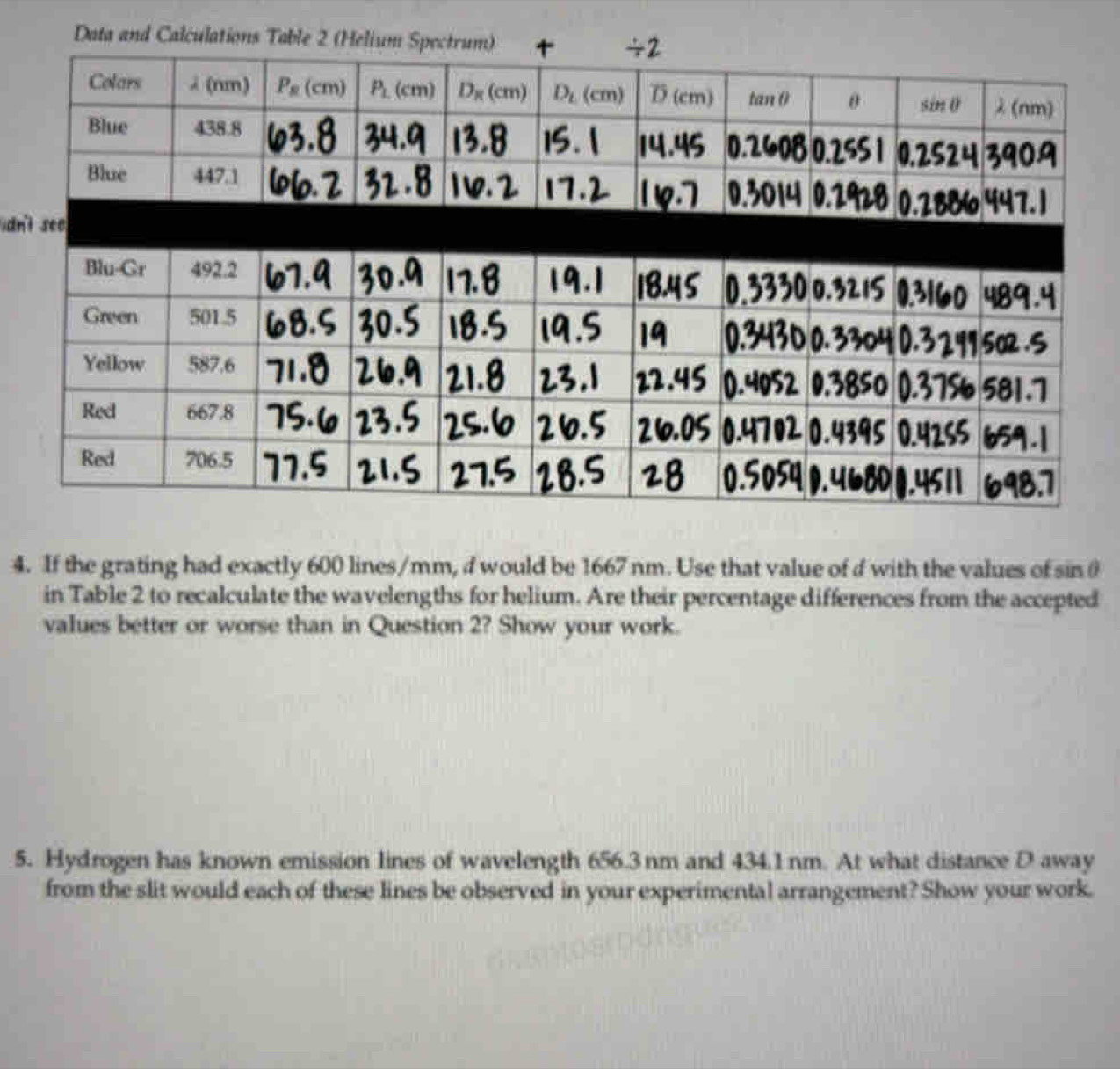 an
4. If the grating had exactly 600 lines/mm, d would be 1667 nm. Use that value of d with the values of sin  θ
in Table 2 to recalculate the wavelengths for helium. Are their percentage differences from the accepted
values better or worse than in Question 2? Show your work.
5. Hydrogen has known emission lines of wavelength 656.3 nm and 434.1nm. At what distance D away
from the slit would each of these lines be observed in your experimental arrangement? Show your work.