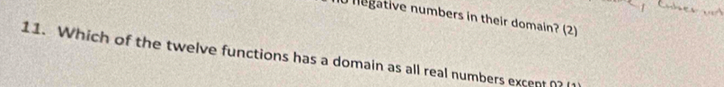 aber 
O negative numbers in their domain? (2) 
11. Which of the twelve functions has a domain as all real numbers excent ?