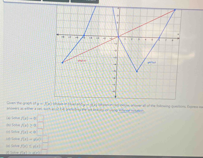 Given the graph of y=f(x) swer all of the following questions. Express ea
answers as either a set. such as (2,3,4] (including the set braces), or using interval notation.
(a) Solve f(x)=0:
(b) Solve f(x)≥ 0:
(c) Solve f(x)<0</tex>
(d) Solve f(x)=g(x):
(e) Solve f(x)≤ g(x):|
(f) Solve f(x)>o(x):