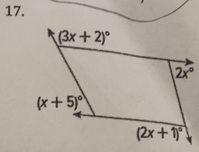 (3x+2)^circ 
2x°
(x+5)^circ 
(2x+1)^circ 