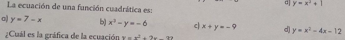 d) y=x^3+1
La ecuación de una función cuadrática es:
b) x^3-y=-6
a) y=7-x x+y=-9
c)
d) y=x^2-4x-12
¿Cuál es la gráfica de la ecuación v=x^2+2x-3 2