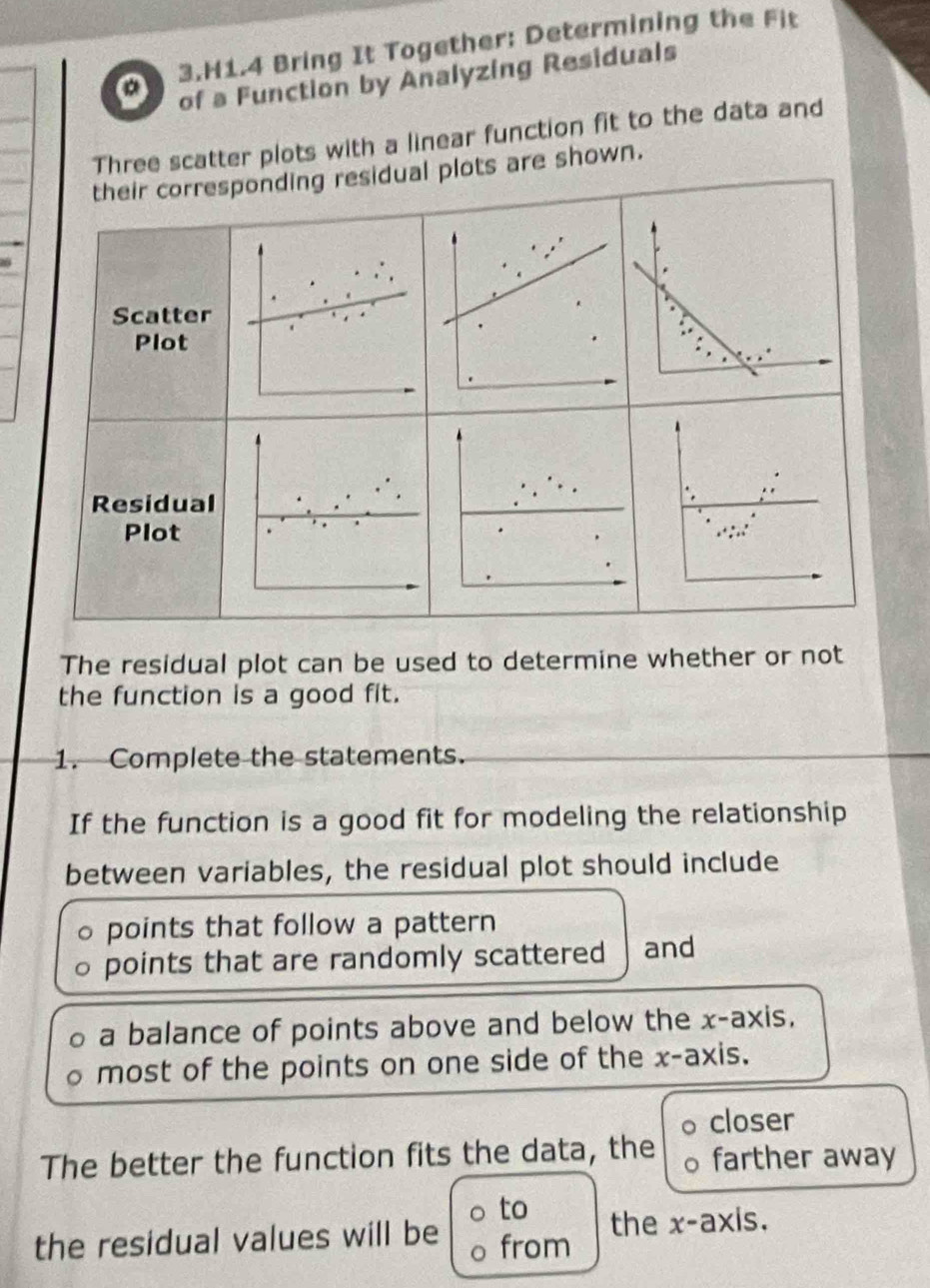 a 3.H1.4 Bring It Together: Determining the Fit 
of a Function by Analyzing Residuals 
Three scatter plots with a linear function fit to the data and 
their corresponding residual plots are shown. 
Scatter 
Plot 
Residual 
Plot 
The residual plot can be used to determine whether or not 
the function is a good fit. 
1. Complete the statements. 
If the function is a good fit for modeling the relationship 
between variables, the residual plot should include 
points that follow a pattern 
points that are randomly scattered and 
a balance of points above and below the x-axis. 
most of the points on one side of the x-axis. 
。 closer 
The better the function fits the data, the farther away 
。 to 
the residual values will be from the x-axis.