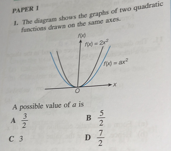 PAPER 1
1. The diagram shows the graphs of two quadratic
functions drawn on the same axes.
A possible value of a is
A  3/2 
B  5/2 
C 3 D  7/2 