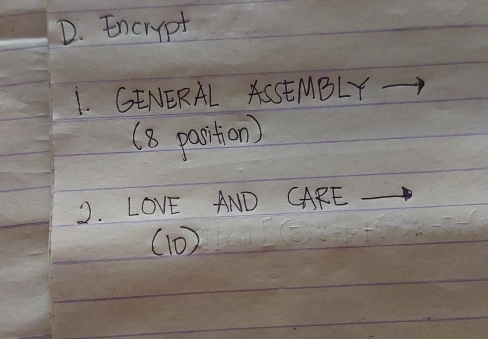 Encrypt 
1. GENERAL ASSEMBLY 
(8 parition) 
2. LOvE AND CARE 
(10)