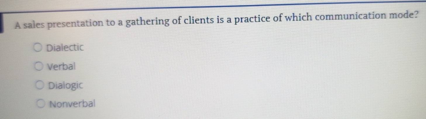 Solved: A sales presentation to a gathering of clients is a practice of ...