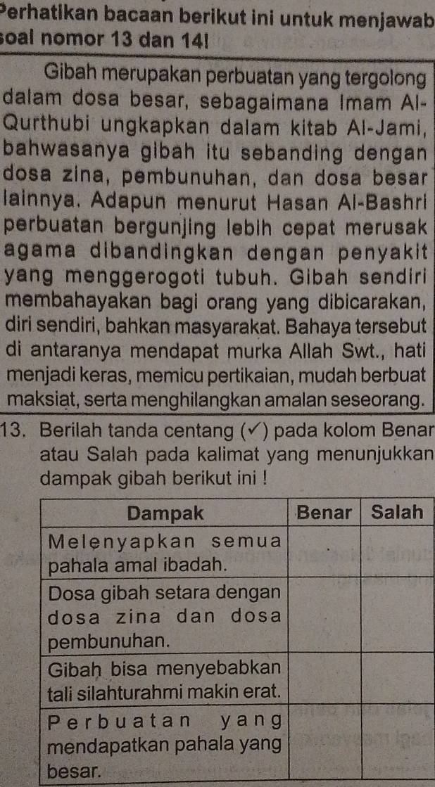 Perhatikan bacaan berikut ini untuk menjawab 
soal nomor 13 dan 14! 
Gibah merupakan perbuatan yang tergolong 
dalam dosa besar, sebagaimana Imam Al- 
Qurthubi ungkapkan dalam kitab Al-Jami, 
bahwasanya gibah itu sebanding dengan . 
dosa zina, pembunuhan, dan dosa besar 
lainnya. Adapun menurut Hasan Al-Bashri 
perbuatan bergunjing lebih cepat merusak 
agama dibandingkan dengan penyakit 
yang menggerogoti tubuh. Gibah sendiri 
membahayakan bagi orang yang dibicarakan, 
diri sendiri, bahkan masyarakat. Bahaya tersebut 
di antaranya mendapat murka Allah Swt., hati 
menjadi keras, memicu pertikaian, mudah berbuat 
maksiat, serta menghilangkan amalan seseorang. 
13. Berilah tanda centang (√) pada kolom Benar 
atau Salah pada kalimat yang menunjukkan 
dampak gibah berikut ini ! 
h 
besar.