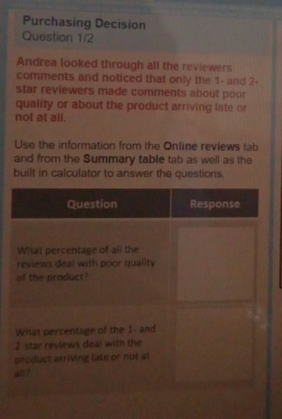 Purchasing Decision 
Question 1/2 
Andrea looked through all the reviewers 
comments and noticed that only the 1 - and 2 - 
star reviewers made comments about poor 
quality or about the product arriving late or 
not at ail. 
Use the information from the Online reviews tab 
and from the Summary table tab as well as the 
built in calculator to answer the questions.