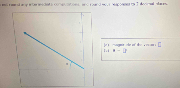 not round any intermediate computations, and round your responses to 2 decimal places. 
(a) magnitude of the vector: □
(b) θ =□°