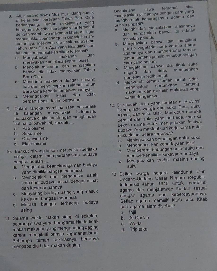 Ali, seorang siswa Muslim, sedang duduk Bagaimana siswa tersebut bisa
di kelas saat perayaan Tahun Baru Cina menjelaskan pilihannya dengan cara yang
berlangsung. Teman sekelasnya yang menghormati keberagaman agama dan
beragama Buddha merayakan hari tersebut prinsip pribadi?
dengan membawa makanan khas. Ali ingin a. Menghindari menjelaskan alasannya
menunjukkan penghargaan kepada teman- dan mengatakan bahwa itu adalah 
temannya, meskipun dia tidak merayakan masalah pribadi.
Tahun Baru Cina. Apa yang bisa dilakukan b. Menjelaskan bahwa dia mengikuti
Ali untuk menunjukkan sikap toleransi? prinsip vegetarianisme karena ajaran
a. Mengabaikan makanan dan agamanya dan memberi tahu teman-
merayakan hari biasa seperti biasa. teman tentang prinsip tersebut dengan
b. Menolak makanan dan mengatakan cara yang sopan.
bahwa dia tidak merayakan Tahun c. Mengatakan bahwa dia tidak suka
Baru Cina. daging dan tidak memberikan
c. Menerima makanan dengan senang penjelasan lebih lanjut.
hati dan mengucapkan selamat Tahun d. Menyuruh teman-teman untuk tidak
Baru Cina kepada teman-temannya. mengajukan pertanyaan tentan
d. Meninggalkan kelas dan tidak makanan dan memilih makanan yang
berpartisipasi dalam perayaan sama dengannya.
9. Dalam rangka membina rasa nasionalis 12. Di sebuah desa yang terletak di Provinsi
di kalangan masyarakat Indonesia, Papua, ada warga dari suku Dani, suku
hendaknya dilakukan dengan menghindari Asmat, dan suku Biak. Meskipun mereka
'hal-hal di bawah ini, kecuali .... berasal dari suku yang berbeda, mereka
a. Patriotisme bekerja sama untuk mengadakan festival
b. Sukuisme budaya. Apa manfaat dari kerja sama antar
c. Chauvinisme suku dalam acara tersebut?
d. Ekstrimisme a. Meningkatkan persaingan antar suku
10. Berikut ini yang bukan merupakan perilaku b. Menghancurkan kebudayaan lokal
pelajar dalam mempertahankan budaya c.  Mempererat hubungan antar suku dan
bangsa adalah .... memperkenalkan kekayaan budaya
d. Mengabaikan tradisi masing-masin
a. Mengetahui keanekaragaman budaya suku
yang dimiliki bangsa Indonesia
b. Mempelajari dan menguasai salah 13. Setiap warga negara dilindungi oleh
satu seni budaya sesuai dengan minat Undang-Undang Dasar Negara Republik
dan kesenangannya Indonesia tahun 1945 untuk memeluk
c. Menyaring budaya asing yang masuk agama dan menjalankan ibadah sesuai 
ke dalam bangsa Indonesia dengan agama dan kepercayaannya.
d. Merasa bangga terhadap budaya Setiap agama memiliki kitab suci. Kitab
asing suci agama Islam disebut?
a. Injil
11. Selama waktu makan siang di sekolah, b. Al-Qur'an
seorang siswa yang beragama Hindu tidak c. Weda
makan makanan yang mengandung dạging
karena mengikuti prinsip vegetarianisme. d. Tripitaka
Beberapa teman sekelasnya bertanya
mengapa dia tidak makan daging.