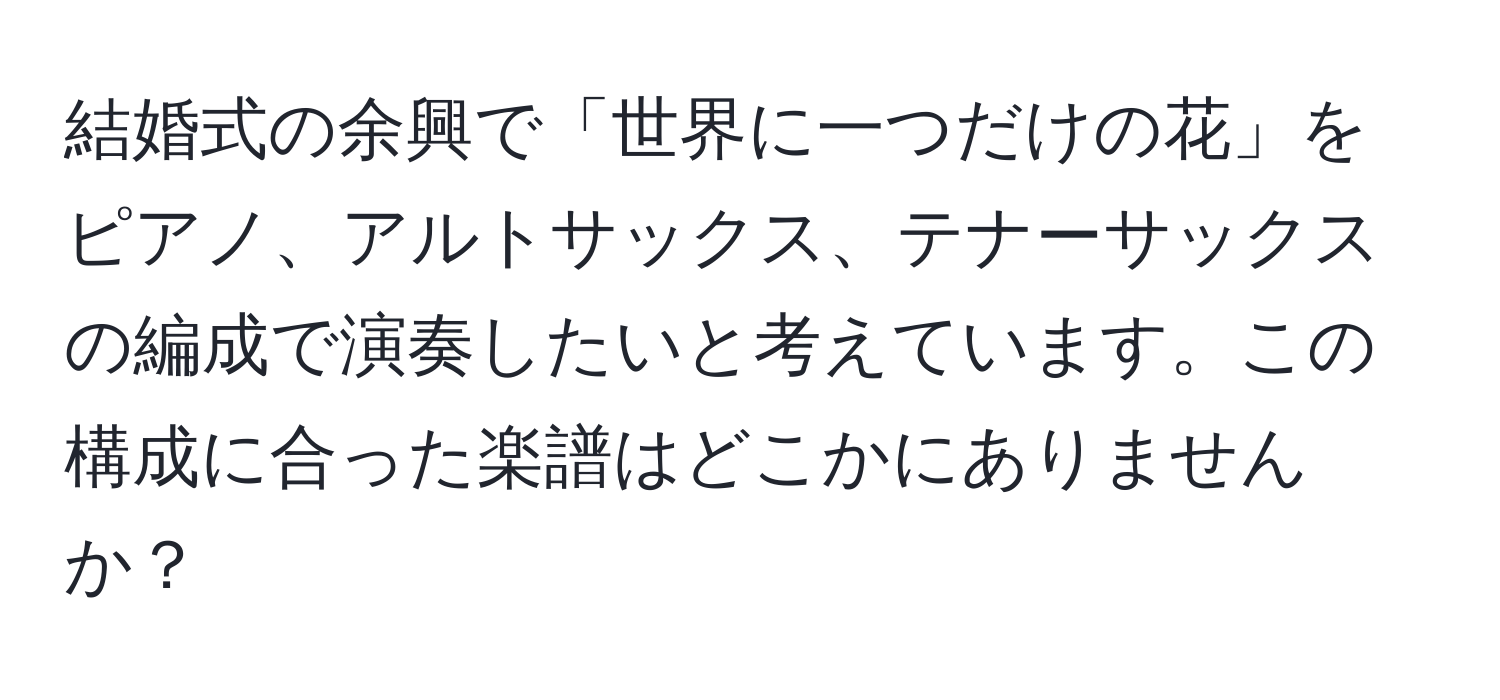 結婚式の余興で「世界に一つだけの花」をピアノ、アルトサックス、テナーサックスの編成で演奏したいと考えています。この構成に合った楽譜はどこかにありませんか？