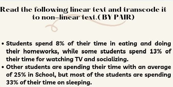 Read the following linear text and transcode it 
to non-linear text.( BY PAIR) 
Students spend 8% of their time in eating and doing 
their homeworks, while some students spend 13% of 
their time for watching TV and socializing. 
Other students are spending their time with an average 
of 25% in School, but most of the students are spending
33% of their time on sleeping.