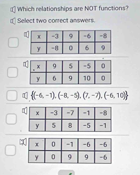 ₹ Which relationships are NOT functions?
€ Select two correct answers.
 (-6,-1),(-8,-5),(7,-7),(-6,10)